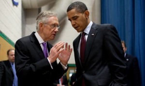 Senate Majority Leader Harry Reid consults with President Obama